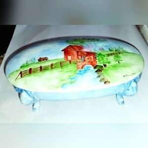 Vtg Footed Porcelain Hand Painted By L. Coletti Jewelry Dish Stunning Cottage